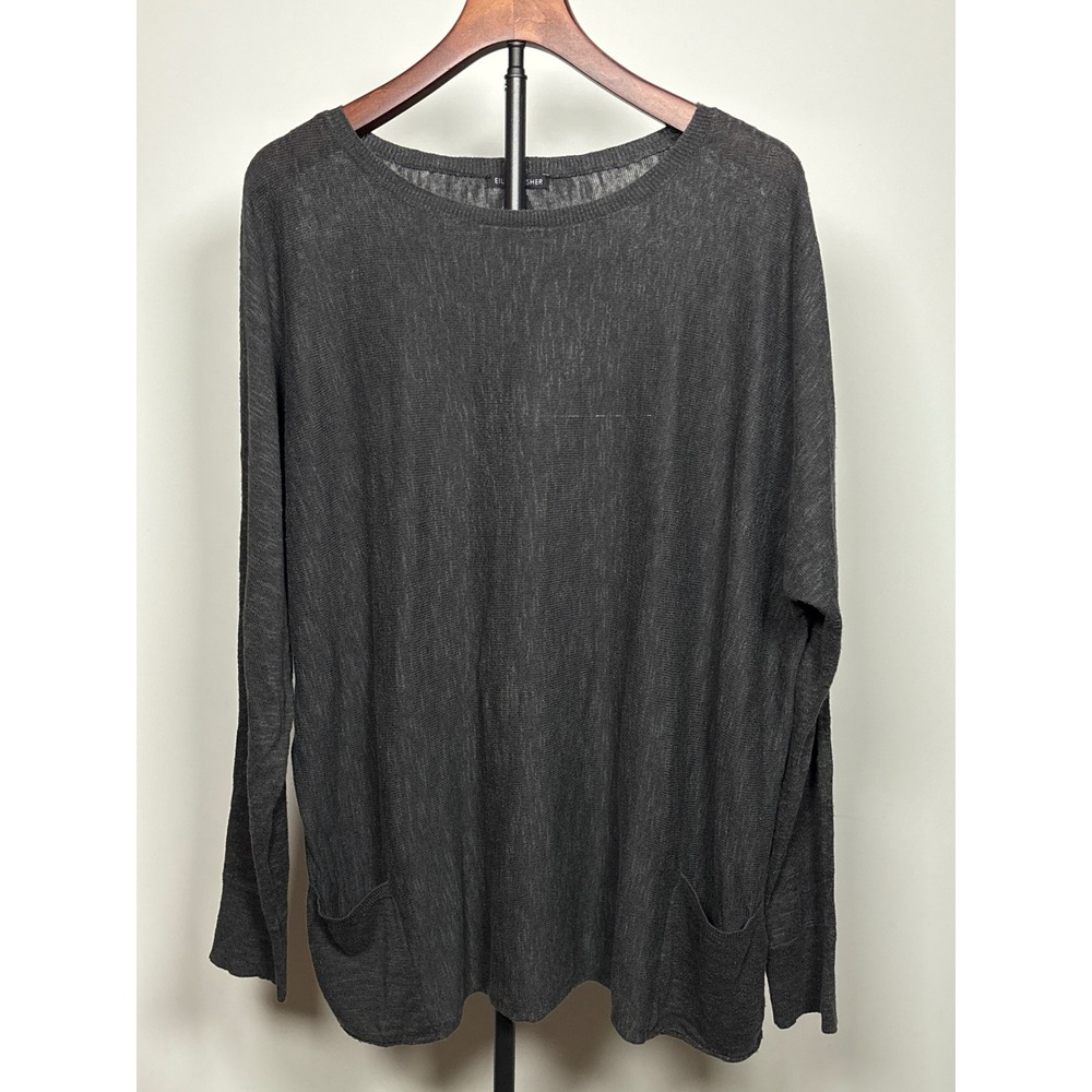 Eileen Fisher Sweater Women LG Gray Relaxed Linen Cotton Boxy Tunic Lagenlook